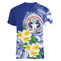 Northern Mariana Islands Women V-Neck T-Shirt Polynesian Pattern With Frangipani LT05 - Polynesian Pride