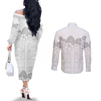 Samoa Lotu Tamaiti Couples Matching Off The Shoulder Long Sleeve Dress and Long Sleeve Button Shirt White Sunday Polynesian Pattern With Tropical Flowers