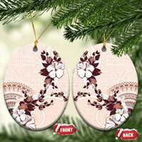 Bula Fiji Language Week Ceramic Ornament Fijian Tapa Pattern With Tagimoucia Flower LT05 Oval Beige - Polynesian Pride