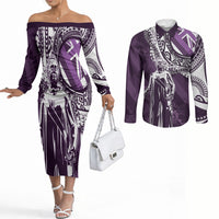 Hawaii Queen Liliuokalani Couples Matching Off The Shoulder Long Sleeve Dress and Long Sleeve Button Shirt Hawaiian Maile Lei Flag Style LT05 Purple - Polynesian Pride