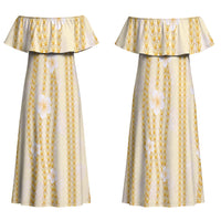 Hawaii Queen Liliuokalani Family Matching Off Shoulder Maxi Dress and Hawaiian Shirt Gold Lei Pua Kalaunu LT05 Mom's Dress Gold - Polynesian Pride