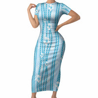 Hawaii Queen Liliuokalani Short Sleeve Bodycon Dress Blue Lei Pua Kalaunu LT05 Long Dress Blue - Polynesian Pride