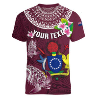 Personalized Cook Islands Mangaia Women V Neck T Shirt Coat Of Arms Plumeria Polynesian Turtle LT05 - Polynesian Pride