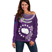 Cook Islands Rarotonga Off Shoulder Sweater Coat Of Arms Plumeria Polynesian Turtle LT05 Women Purple - Polynesian Pride