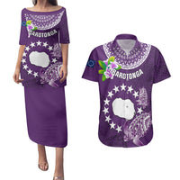Personalized Cook Islands Rarotonga Couples Matching Puletasi Dress and Hawaiian Shirt Coat Of Arms Plumeria Polynesian Turtle LT05 Purple - Polynesian Pride
