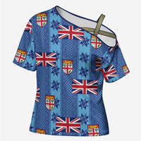 Fiji Masi Tapa Cross Shoulder Shirt Coat Of Arms LT05 Female Blue - Polynesian Pride