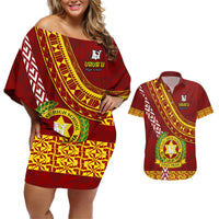 Custom Vavau High School Couples Matching Off Shoulder Short Dress and Hawaiian Shirt Tongan Kupesi Pattern LT05 Red - Polynesian Pride