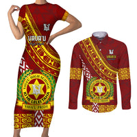 Custom Vavau High School Couples Matching Short Sleeve Bodycon Dress and Long Sleeve Button Shirts Tongan Kupesi Pattern LT05 Red - Polynesian Pride