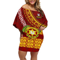 Custom Vavau High School Off Shoulder Short Dress Tongan Kupesi Pattern LT05 Women Red - Polynesian Pride