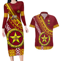 Custom Eua High School Couples Matching Long Sleeve Bodycon Dress and Hawaiian Shirt Tongan Kupesi Pattern LT05 Red - Polynesian Pride