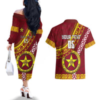 Custom Eua High School Couples Matching Off The Shoulder Long Sleeve Dress and Hawaiian Shirt Tongan Kupesi Pattern LT05 - Polynesian Pride