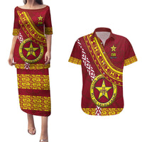 Custom Eua High School Couples Matching Puletasi Dress and Hawaiian Shirt Tongan Kupesi Pattern LT05 Red - Polynesian Pride