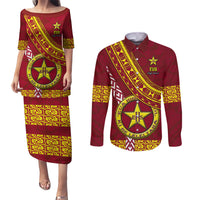Custom Eua High School Couples Matching Puletasi Dress and Long Sleeve Button Shirts Tongan Kupesi Pattern LT05 Red - Polynesian Pride