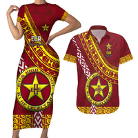 Custom Eua High School Couples Matching Short Sleeve Bodycon Dress and Hawaiian Shirt Tongan Kupesi Pattern LT05 Red - Polynesian Pride