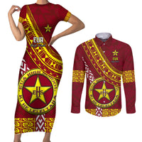 Custom Eua High School Couples Matching Short Sleeve Bodycon Dress and Long Sleeve Button Shirts Tongan Kupesi Pattern LT05 Red - Polynesian Pride