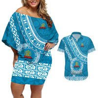 Custom Lavengamalie College Couples Matching Off Shoulder Short Dress and Hawaiian Shirt Tongan Kupesi Pattern LT05 Blue - Polynesian Pride