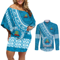 Custom Lavengamalie College Couples Matching Off Shoulder Short Dress and Long Sleeve Button Shirts Tongan Kupesi Pattern LT05 Blue - Polynesian Pride