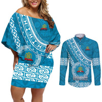 Custom Lavengamalie College Couples Matching Off Shoulder Short Dress and Long Sleeve Button Shirts Tongan Kupesi Pattern LT05 Blue - Polynesian Pride
