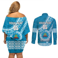 Custom Lavengamalie College Couples Matching Off Shoulder Short Dress and Long Sleeve Button Shirts Tongan Kupesi Pattern LT05 - Polynesian Pride