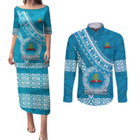 Custom Lavengamalie College Couples Matching Puletasi Dress and Long Sleeve Button Shirts Tongan Kupesi Pattern LT05 Blue - Polynesian Pride