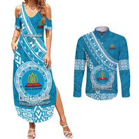 Custom Lavengamalie College Couples Matching Summer Maxi Dress and Long Sleeve Button Shirts Tongan Kupesi Pattern LT05 Blue - Polynesian Pride