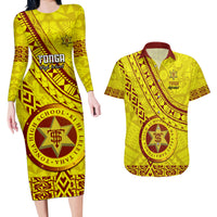 Custom Tonga High School Couples Matching Long Sleeve Bodycon Dress and Hawaiian Shirt Tongan Kupesi Pattern LT05 Yellow - Polynesian Pride