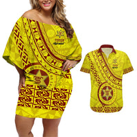 Custom Tonga High School Couples Matching Off Shoulder Short Dress and Hawaiian Shirt Tongan Kupesi Pattern LT05 Yellow - Polynesian Pride