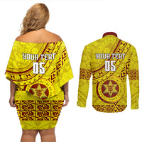 Custom Tonga High School Couples Matching Off Shoulder Short Dress and Long Sleeve Button Shirts Tongan Kupesi Pattern LT05 - Polynesian Pride