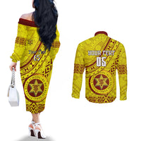 Custom Tonga High School Couples Matching Off The Shoulder Long Sleeve Dress and Long Sleeve Button Shirts Tongan Kupesi Pattern LT05 - Polynesian Pride
