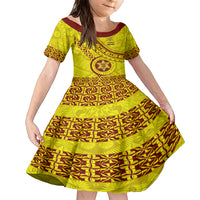 Custom Tonga High School Family Matching Short Sleeve Bodycon Dress and Hawaiian Shirt Tongan Kupesi Pattern LT05 Daughter's Dress Yellow - Polynesian Pride