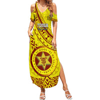 Custom Tonga High School Family Matching Summer Maxi Dress and Hawaiian Shirt Tongan Kupesi Pattern LT05 Mom's Dress Yellow - Polynesian Pride