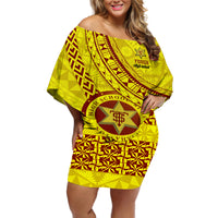Custom Tonga High School Off Shoulder Short Dress Tongan Kupesi Pattern LT05 Women Yellow - Polynesian Pride