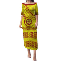 Custom Tonga High School Puletasi Tongan Kupesi Pattern LT05 Long Dress Yellow - Polynesian Pride