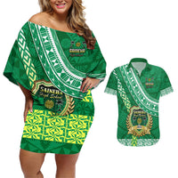 Custom Saineha High School Couples Matching Off Shoulder Short Dress and Hawaiian Shirt Tongan Kupesi Pattern LT05 Green - Polynesian Pride