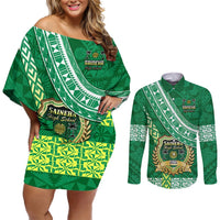 Custom Saineha High School Couples Matching Off Shoulder Short Dress and Long Sleeve Button Shirts Tongan Kupesi Pattern LT05 Green - Polynesian Pride