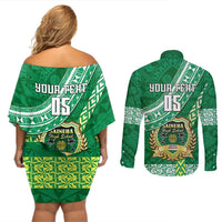 Custom Saineha High School Couples Matching Off Shoulder Short Dress and Long Sleeve Button Shirts Tongan Kupesi Pattern LT05 - Polynesian Pride