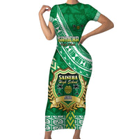 Custom Saineha High School Short Sleeve Bodycon Dress Tongan Kupesi Pattern LT05 Long Dress Green - Polynesian Pride