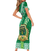 Custom Saineha High School Short Sleeve Bodycon Dress Tongan Kupesi Pattern LT05 - Polynesian Pride