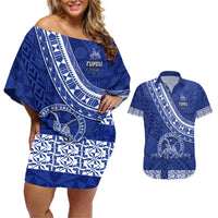 Custom Tupou College Couples Matching Off Shoulder Short Dress and Hawaiian Shirt Tongan Kupesi Pattern LT05 Blue - Polynesian Pride