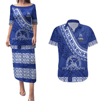 Custom Tupou College Couples Matching Puletasi Dress and Hawaiian Shirt Tongan Kupesi Pattern LT05 Blue - Polynesian Pride