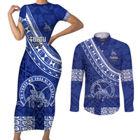 Custom Tupou College Couples Matching Short Sleeve Bodycon Dress and Long Sleeve Button Shirts Tongan Kupesi Pattern LT05 Blue - Polynesian Pride