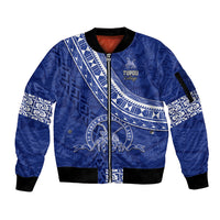 Custom Tupou College Sleeve Zip Bomber Jacket Tongan Kupesi Pattern LT05 Unisex Blue - Polynesian Pride