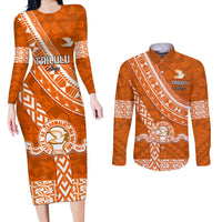 Custom Tailulu College Couples Matching Long Sleeve Bodycon Dress and Long Sleeve Button Shirts Tongan Kupesi Pattern LT05 Orange - Polynesian Pride