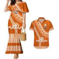 Custom Tailulu College Couples Matching Mermaid Dress and Hawaiian Shirt Tongan Kupesi Pattern LT05 Orange - Polynesian Pride