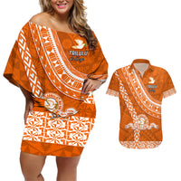 Custom Tailulu College Couples Matching Off Shoulder Short Dress and Hawaiian Shirt Tongan Kupesi Pattern LT05 Orange - Polynesian Pride