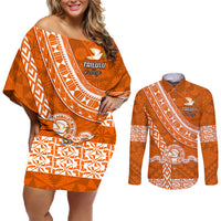 Custom Tailulu College Couples Matching Off Shoulder Short Dress and Long Sleeve Button Shirts Tongan Kupesi Pattern LT05 Orange - Polynesian Pride