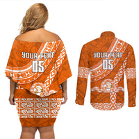 Custom Tailulu College Couples Matching Off Shoulder Short Dress and Long Sleeve Button Shirts Tongan Kupesi Pattern LT05 - Polynesian Pride