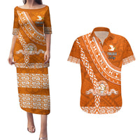 Custom Tailulu College Couples Matching Puletasi Dress and Hawaiian Shirt Tongan Kupesi Pattern LT05 Orange - Polynesian Pride