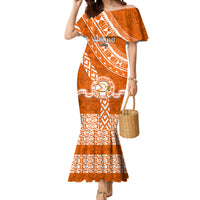 Custom Tailulu College Mermaid Dress Tongan Kupesi Pattern LT05 Women Orange - Polynesian Pride