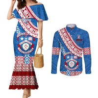 Custom Apifoou College Couples Matching Mermaid Dress and Long Sleeve Button Shirts Tongan Kupesi Pattern LT05 Blue - Polynesian Pride